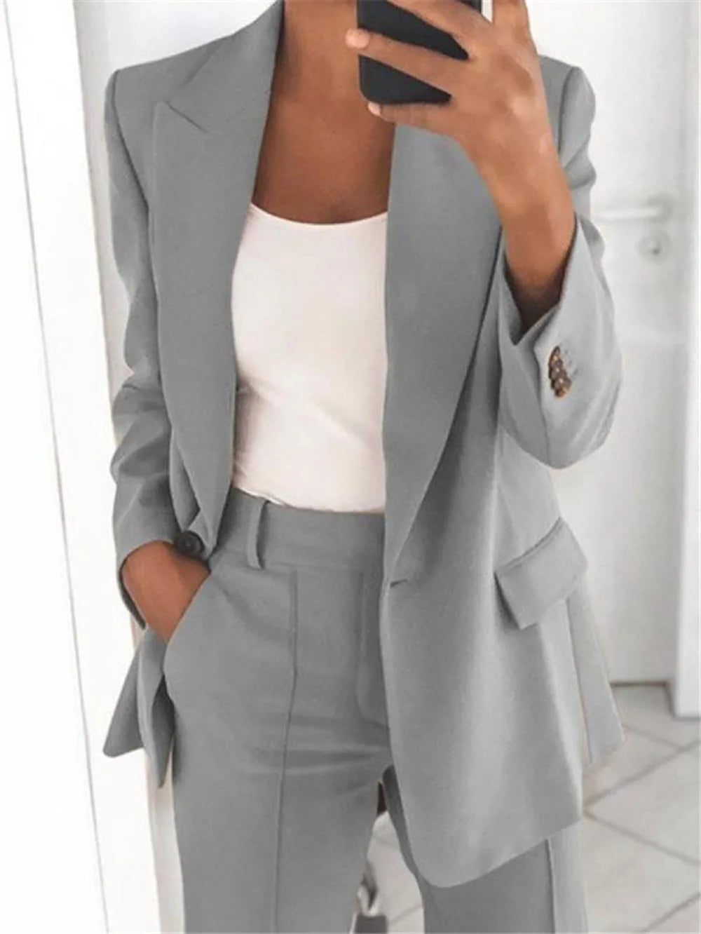 IMIEMIE Casual Long Sleeve Suit Coat Pants Set Office Lady Spring Autumn Solid Blouse Trouser Two Piece Set Women Outfit 2024 Tops