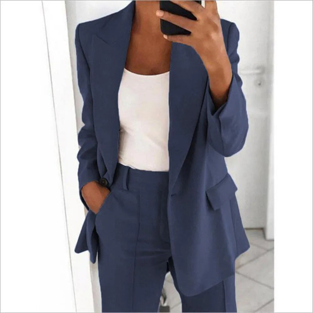 IMIEMIE Casual Long Sleeve Suit Coat Pants Set Office Lady Spring Autumn Solid Blouse Trouser Two Piece Set Women Outfit 2024 Tops