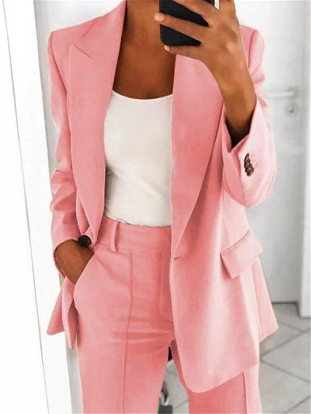 IMIEMIE Casual Long Sleeve Suit Coat Pants Set Office Lady Spring Autumn Solid Blouse Trouser Two Piece Set Women Outfit 2024 Tops