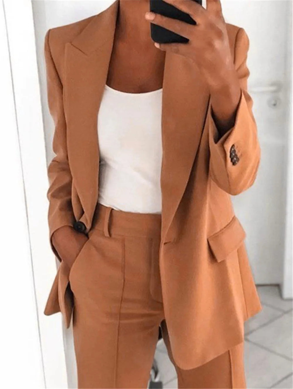 IMIEMIE Casual Long Sleeve Suit Coat Pants Set Office Lady Spring Autumn Solid Blouse Trouser Two Piece Set Women Outfit 2024 Tops