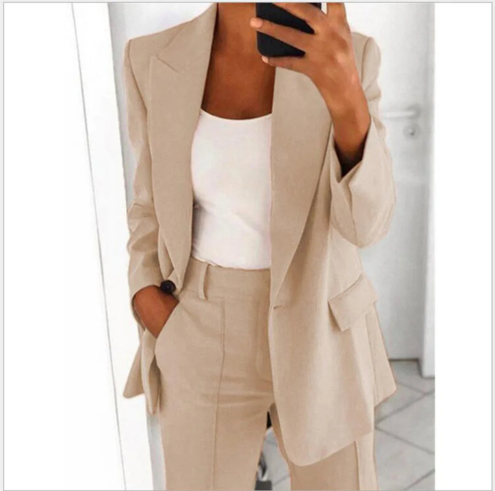 IMIEMIE Casual Long Sleeve Suit Coat Pants Set Office Lady Spring Autumn Solid Blouse Trouser Two Piece Set Women Outfit 2024 Tops