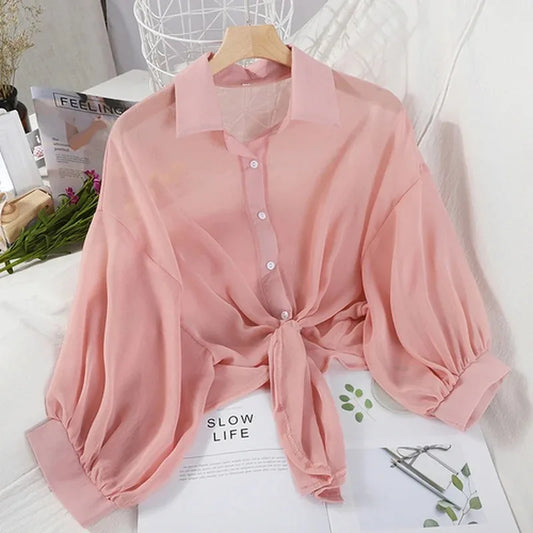 IMIEMIE Casual Loose Hollow White Clothes Elegant Solid Color Tied Waist Blouse Women Summer Bat Half Sleeve Button Chiffon Shirt 9776