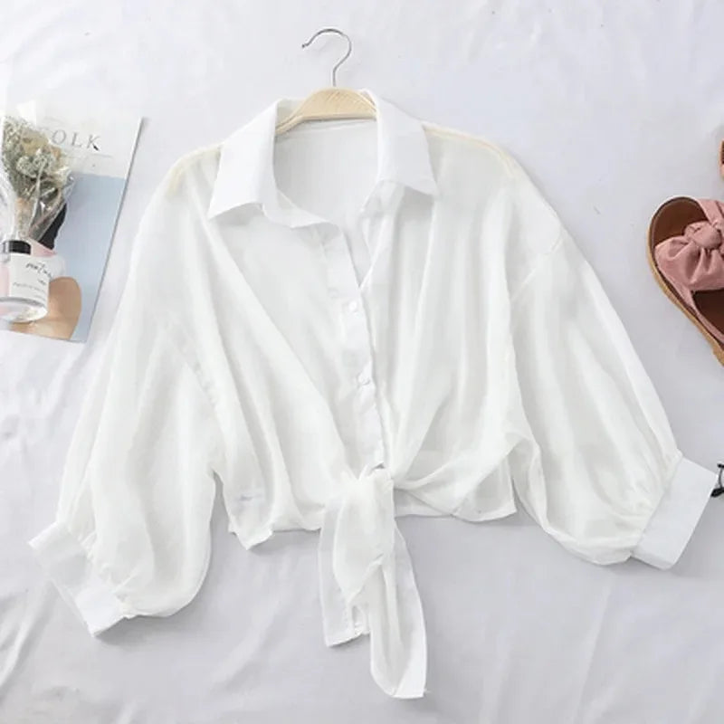 IMIEMIE Casual Loose Hollow White Clothes Elegant Solid Color Tied Waist Blouse Women Summer Bat Half Sleeve Button Chiffon Shirt 9776