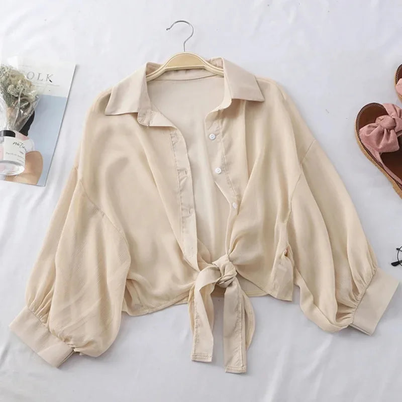 IMIEMIE Casual Loose Hollow White Clothes Elegant Solid Color Tied Waist Blouse Women Summer Bat Half Sleeve Button Chiffon Shirt 9776