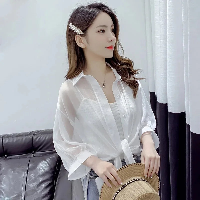 IMIEMIE Casual Loose Hollow White Clothes Elegant Solid Color Tied Waist Blouse Women Summer Bat Half Sleeve Button Chiffon Shirt 9776