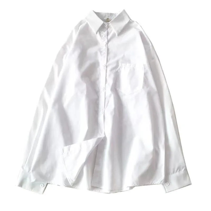 IMIEMIE Casual Loose White Shirt for Women Oversize Basic Long Sleeve Button Up Blouse Female Autumn Winter All-match Lapel Shirts Coat