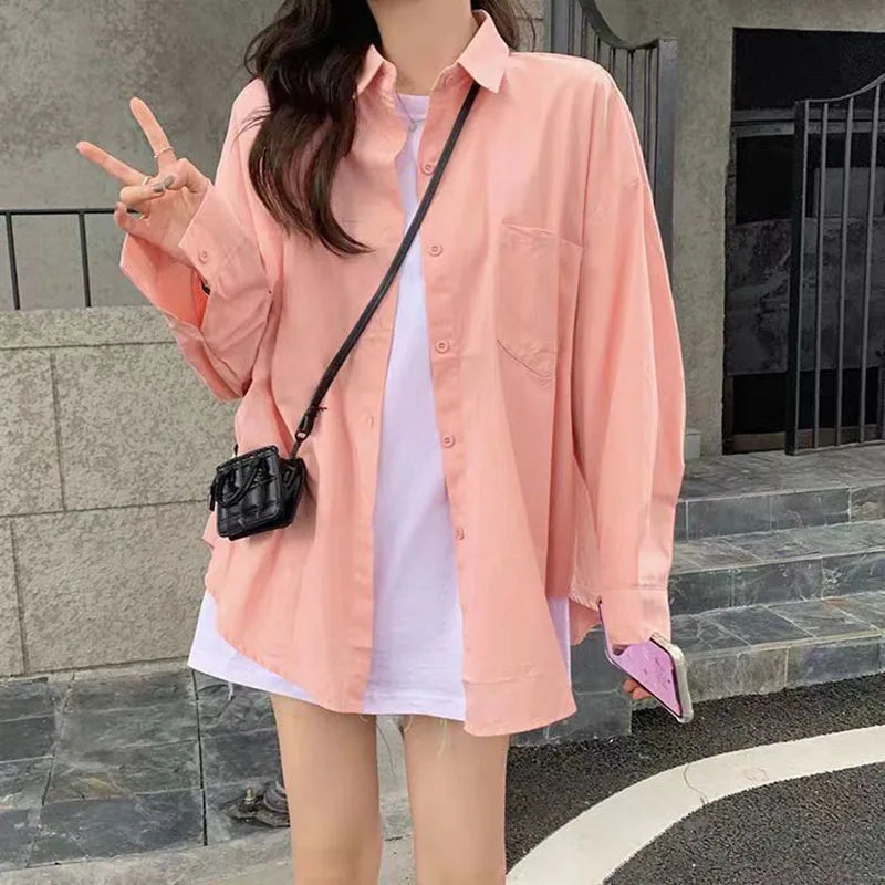 IMIEMIE Casual Loose White Shirt for Women Oversize Basic Long Sleeve Button Up Blouse Female Autumn Winter All-match Lapel Shirts Coat