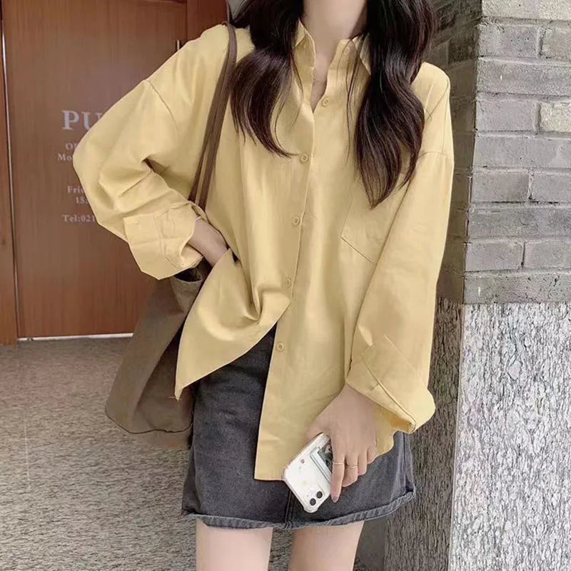 IMIEMIE Casual Loose White Shirt for Women Oversize Basic Long Sleeve Button Up Blouse Female Autumn Winter All-match Lapel Shirts Coat