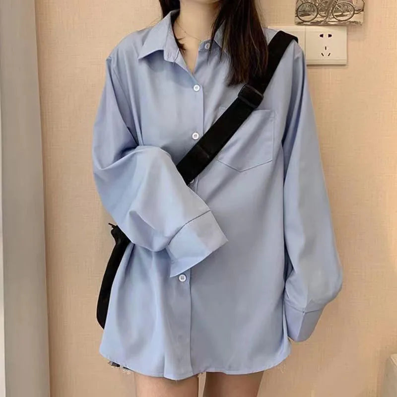 IMIEMIE Casual Loose White Shirt for Women Oversize Basic Long Sleeve Button Up Blouse Female Autumn Winter All-match Lapel Shirts Coat