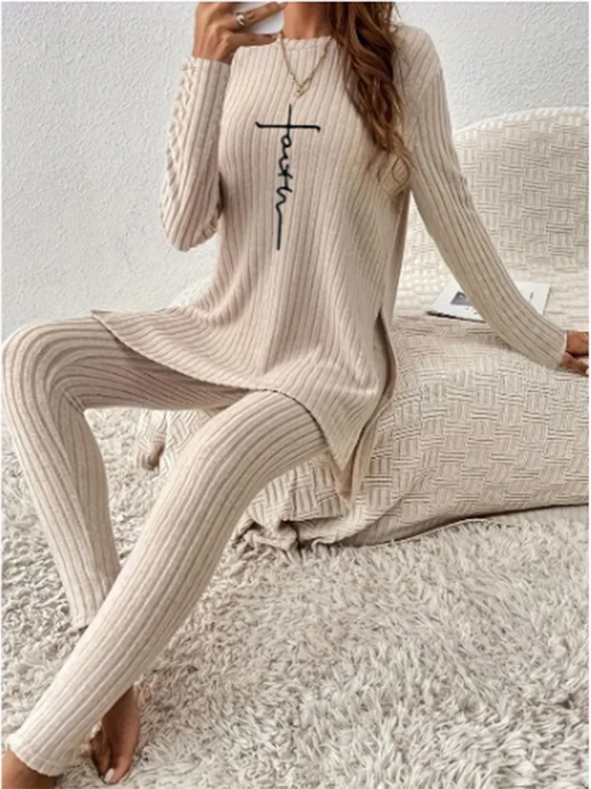 IMIEMIE Casual Solid Color Winter Knitted Suit Women Two-Piece Long Sleeve Split Top Slim Fit Pants Autumn Fashion Set