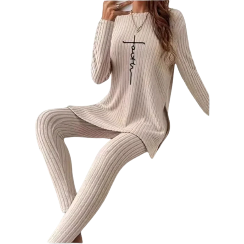 IMIEMIE Casual Solid Color Winter Knitted Suit Women Two-Piece Long Sleeve Split Top Slim Fit Pants Autumn Fashion Set