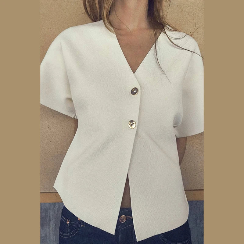 IMIEMIE Casual Solid Knit Top Women Short Sleeve V-neck Two Buttons Slim Elegant Vest 2024 Summer Autumn Female White All-match Knitwear