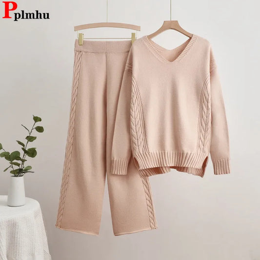 IMIEMIE Casual Solid Knitted 2 Piece Sets Women V-neck Long Sleeve Sweater Pullover Tops Conjuntos High Waist Wide Leg Pants Outfit New