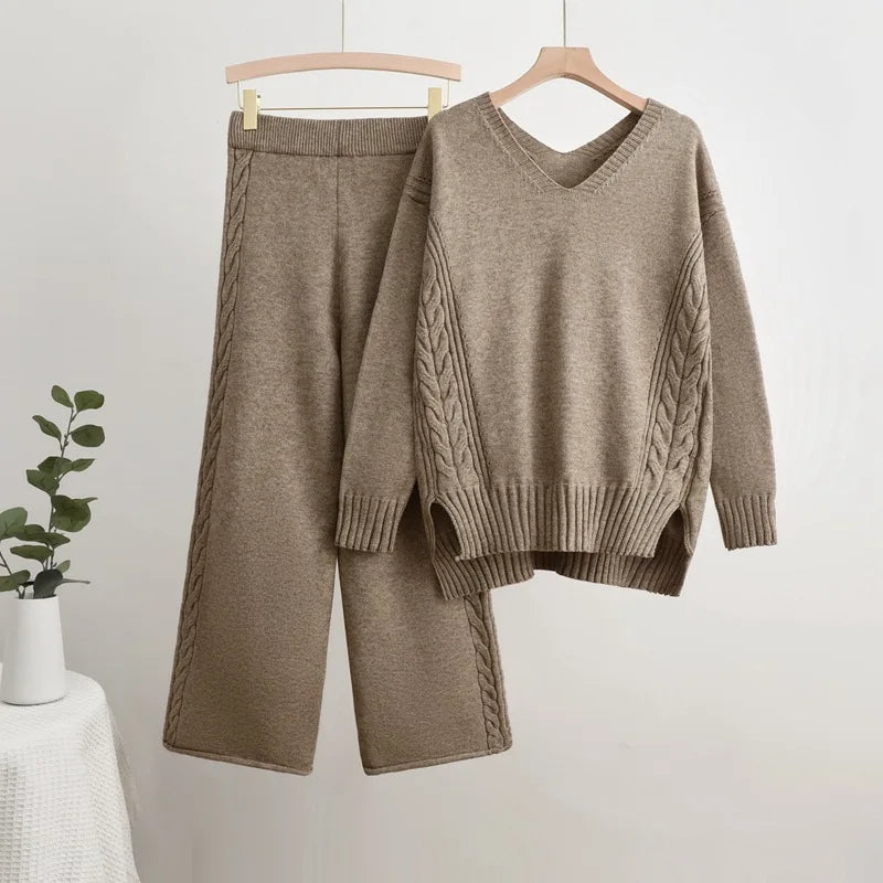 IMIEMIE Casual Solid Knitted 2 Piece Sets Women V-neck Long Sleeve Sweater Pullover Tops Conjuntos High Waist Wide Leg Pants Outfit New