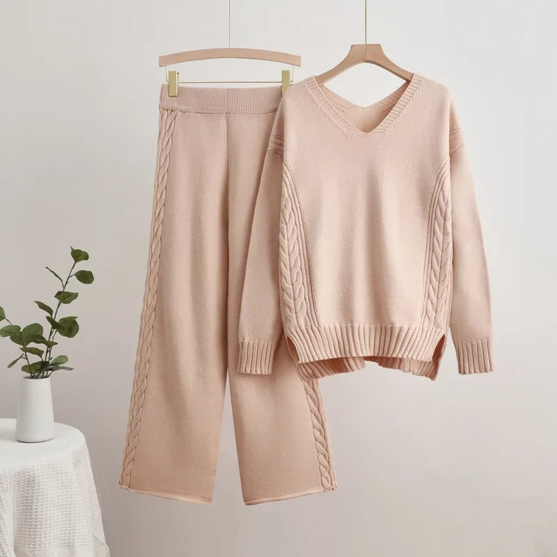 IMIEMIE Casual Solid Knitted 2 Piece Sets Women V-neck Long Sleeve Sweater Pullover Tops Conjuntos High Waist Wide Leg Pants Outfit New