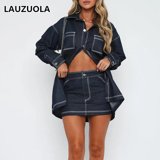 IMIEMIE Casual Vintage Denim Shirt Skirts Suit Outfits 2024 New Fashion 2 Piece Women Long Shirts And Mini Skirt Matching Set