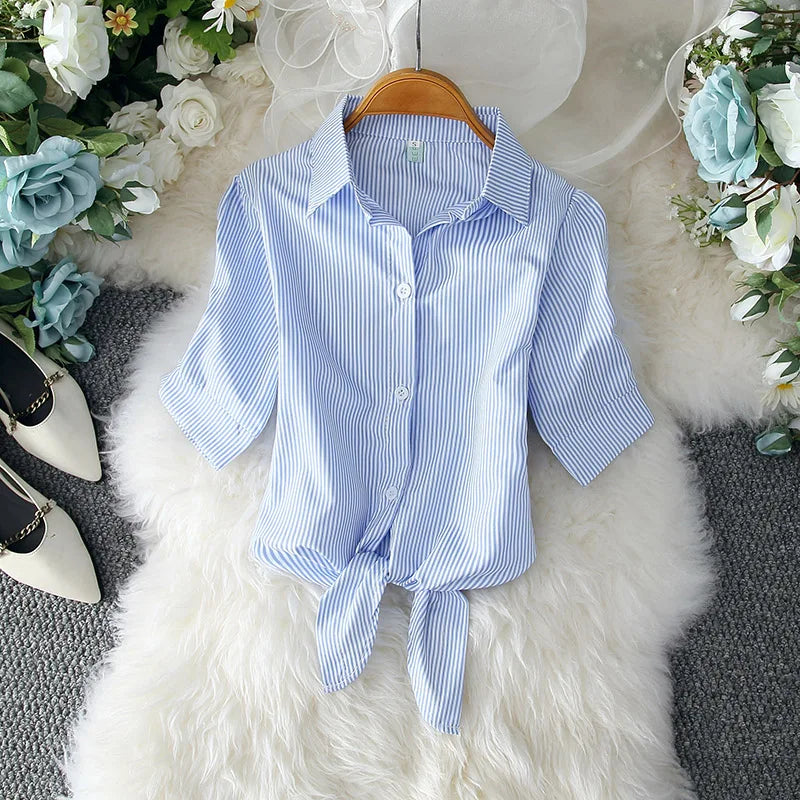 IMIEMIE Casual White Blouse Summer Women Clothes Elegant Solid Button Short Sleeve Shirt Fashion Bow Belt Waist Office Lady Tops 19870