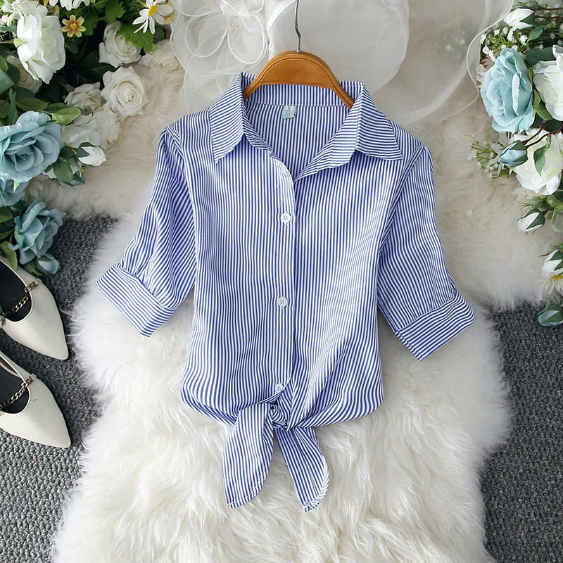 IMIEMIE Casual White Blouse Summer Women Clothes Elegant Solid Button Short Sleeve Shirt Fashion Bow Belt Waist Office Lady Tops 19870