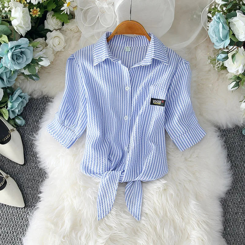 IMIEMIE Casual White Blouse Summer Women Clothes Elegant Solid Button Short Sleeve Shirt Fashion Bow Belt Waist Office Lady Tops 19870