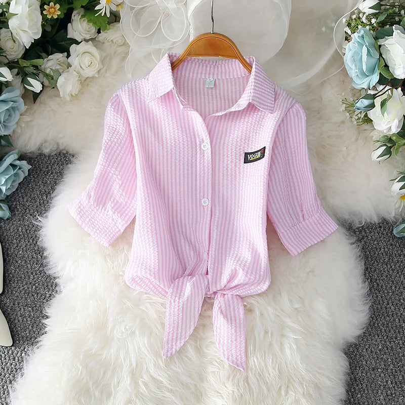 IMIEMIE Casual White Blouse Summer Women Clothes Elegant Solid Button Short Sleeve Shirt Fashion Bow Belt Waist Office Lady Tops 19870