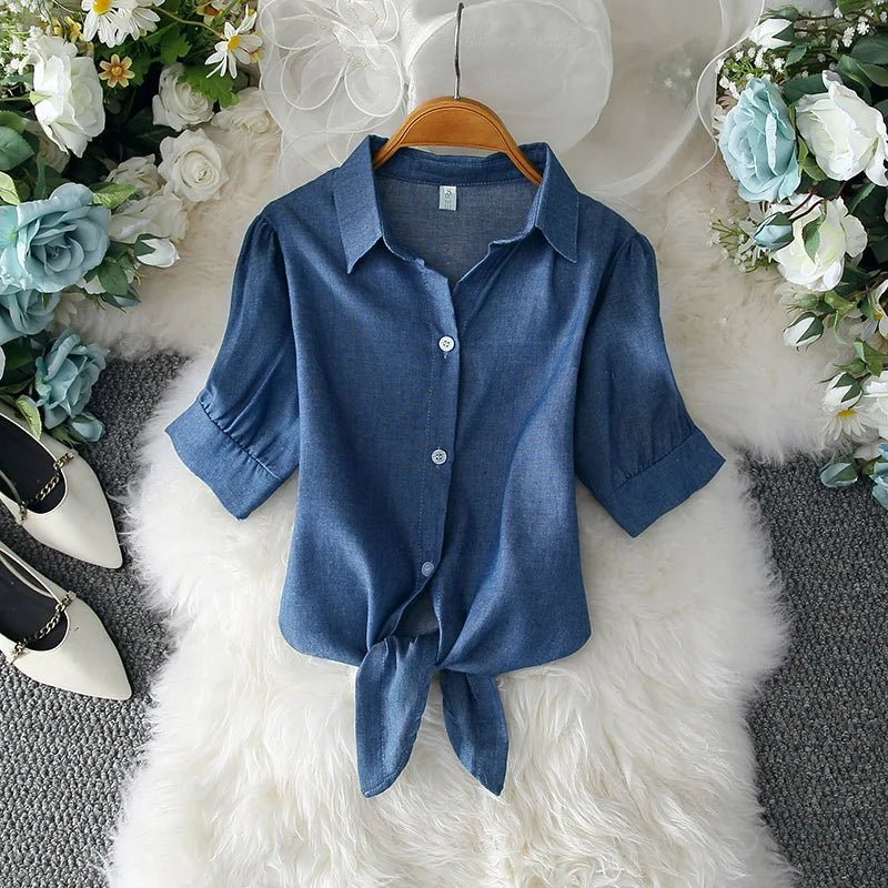 IMIEMIE Casual White Blouse Summer Women Clothes Elegant Solid Button Short Sleeve Shirt Fashion Bow Belt Waist Office Lady Tops 19870