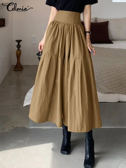 IMIEMIE Celmia Fashion Women High Waist Skirt Korean Pleated A-line Party Skirt 2024 Autumn Casual Loose Holiday Zipper Solid Midi Skirt