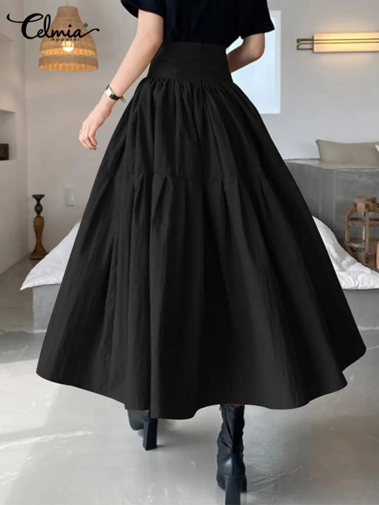 IMIEMIE Celmia Fashion Women High Waist Skirt Korean Pleated A-line Party Skirt 2024 Autumn Casual Loose Holiday Zipper Solid Midi Skirt