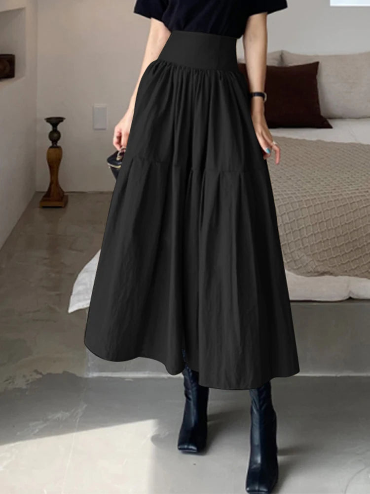 IMIEMIE Celmia Fashion Women High Waist Skirt Korean Pleated A-line Party Skirt 2024 Autumn Casual Loose Holiday Zipper Solid Midi Skirt