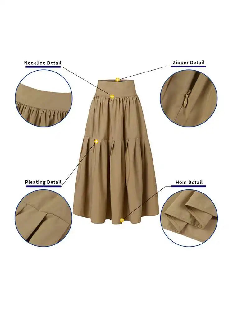 IMIEMIE Celmia Fashion Women High Waist Skirt Korean Pleated A-line Party Skirt 2024 Autumn Casual Loose Holiday Zipper Solid Midi Skirt