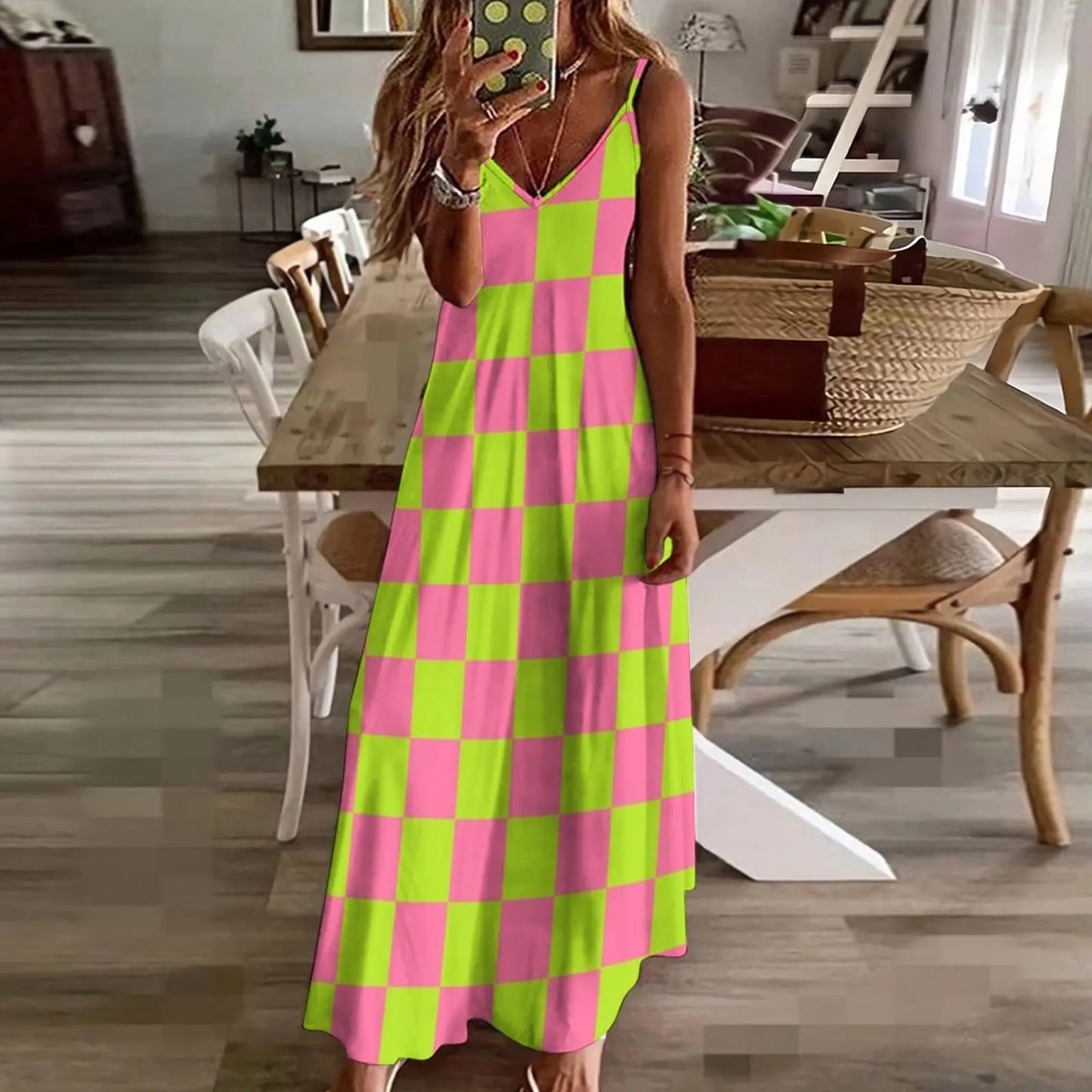 IMIEMIE Checkered Lime Green and Pink Sleeveless Dress elegant women's dresses for wedding beach dress