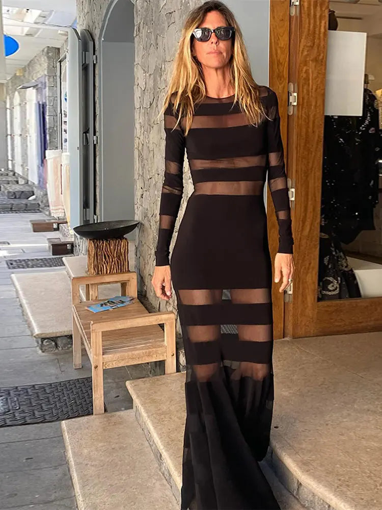 IMIEMIE Chic Perspective Spliced Maxi Dress For Women Fashion High Waist Long Sleeve Bodycon Robe Female Evening Prom Party Vestidos