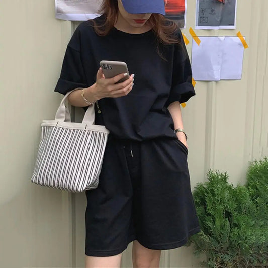 IMIEMIE Chic Women Top Shorts Suit Casual Women Summer Tracksuit Pocket Daily Wear Pure Color O Neck Summer T-shirt Shorts Set