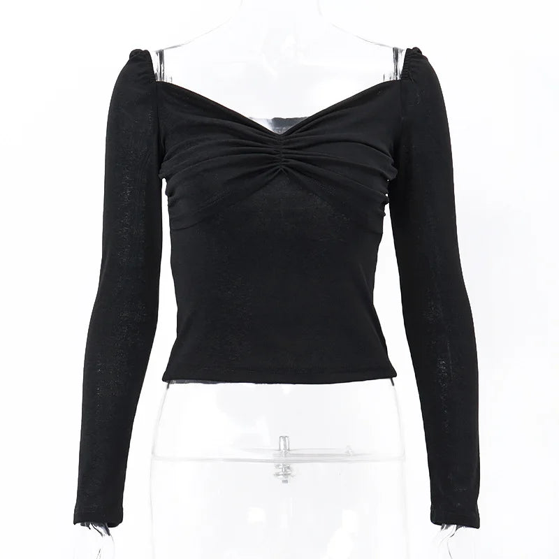 IMIEMIE Chic Y2K Crop Tops Women Sexy Ruched Low Cut V Neck Long Sleeve T Shirt Autumn Female Vintage Tees Korean Fashion