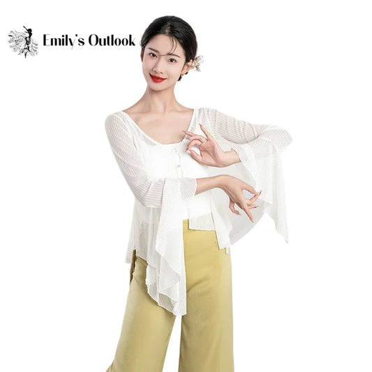 IMIEMIE Chinese Long Sleeves Top for Woman Traditional Dancing Clothes Irregular Hemline Flowy Shirt Sheer Sexy Wide Leg Pant Fluid New