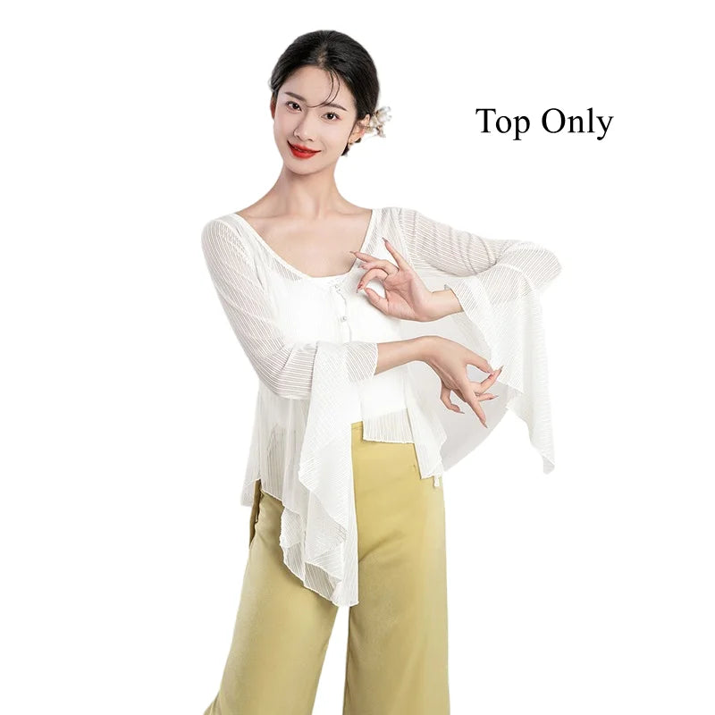 IMIEMIE Chinese Long Sleeves Top for Woman Traditional Dancing Clothes Irregular Hemline Flowy Shirt Sheer Sexy Wide Leg Pant Fluid New