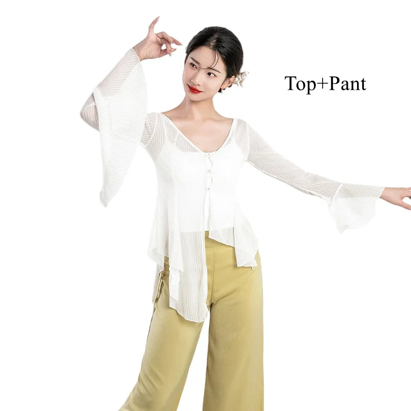 IMIEMIE Chinese Long Sleeves Top for Woman Traditional Dancing Clothes Irregular Hemline Flowy Shirt Sheer Sexy Wide Leg Pant Fluid New