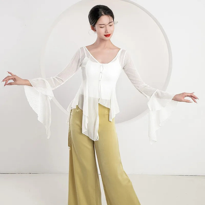 IMIEMIE Chinese Long Sleeves Top for Woman Traditional Dancing Clothes Irregular Hemline Flowy Shirt Sheer Sexy Wide Leg Pant Fluid New