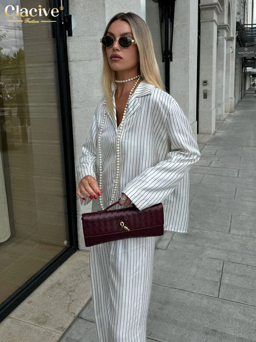 IMIEMIE Clacive Fashion Loose Stripe Print Trousers Sets For Women 2 Pieces Elegant Long Sleeve Shirt With High Waist Wide Pants Set