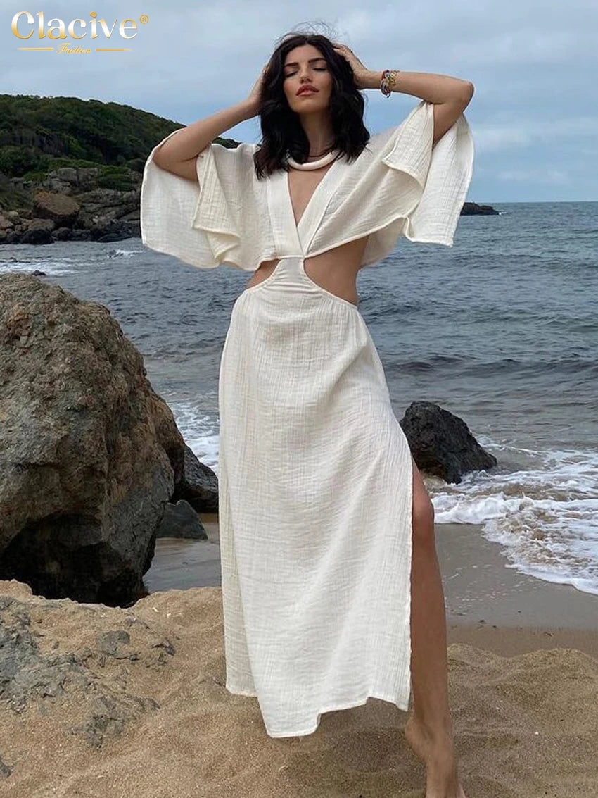 IMIEMIE Clacive Sexy Loose White Cotton Women Dress 2024 Summer V-Neck Half Sleeve Ankle Length Dresses Elegant Hollow Out Female Dress