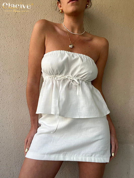 IMIEMIE Clacive Sexy Slim White Linen 2 Piece Sets Women Outfit 2024 Summer Strapless Tank Top With High Waist Mini Skirts Set Female