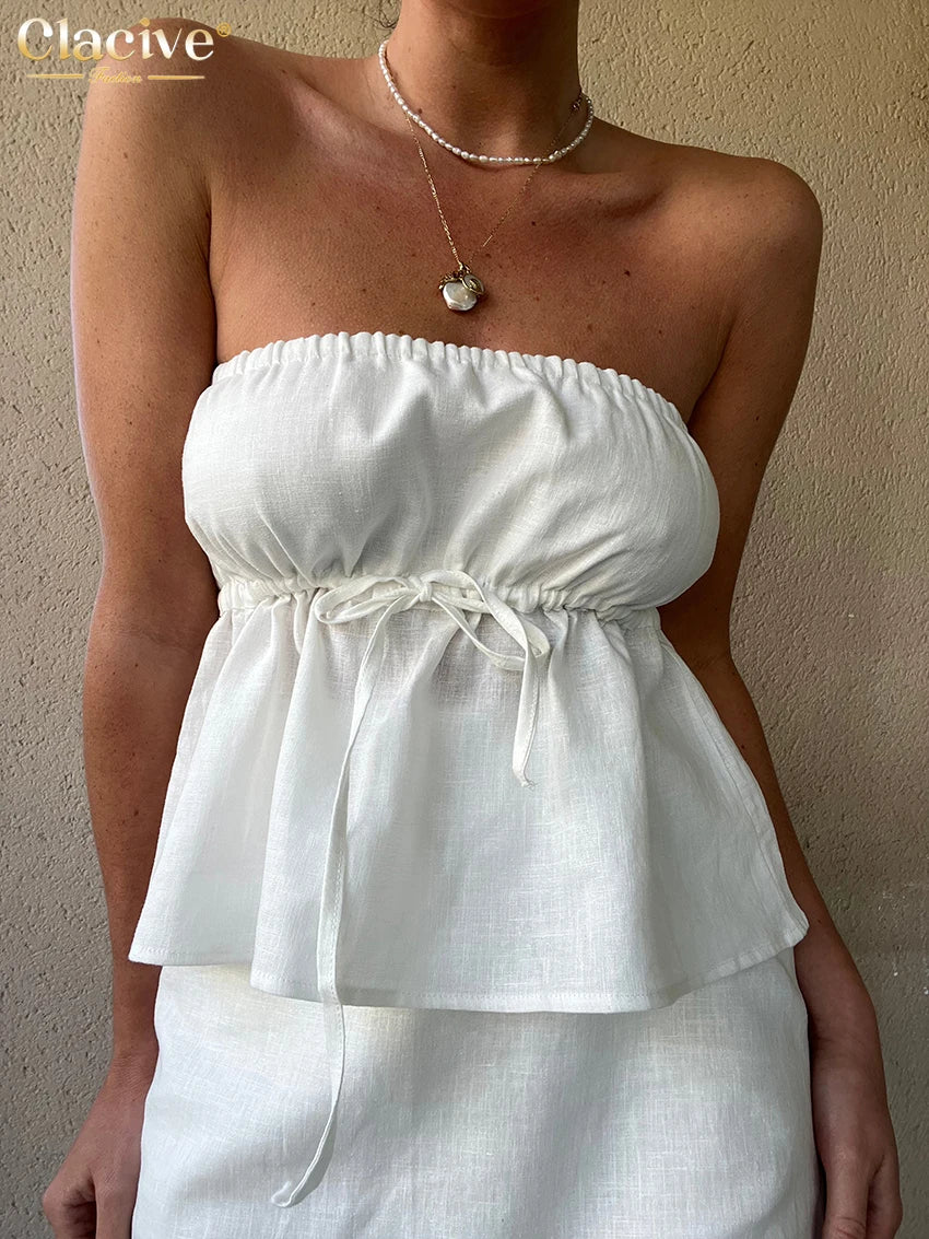 IMIEMIE Clacive Sexy Slim White Linen 2 Piece Sets Women Outfit 2024 Summer Strapless Tank Top With High Waist Mini Skirts Set Female