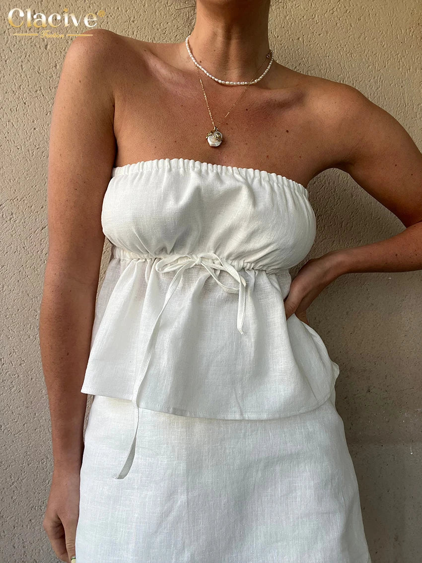 IMIEMIE Clacive Sexy Slim White Linen 2 Piece Sets Women Outfit 2024 Summer Strapless Tank Top With High Waist Mini Skirts Set Female