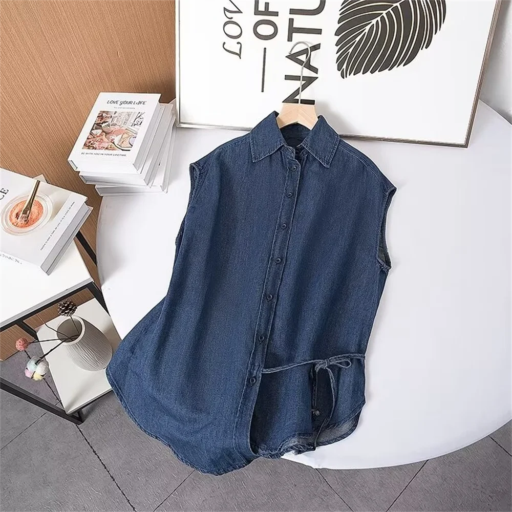 IMIEMIE Cos Lris 2024 Summer New Product Women's Casual Versatile Design Sense Tie up Slim Fit denim blue shirt