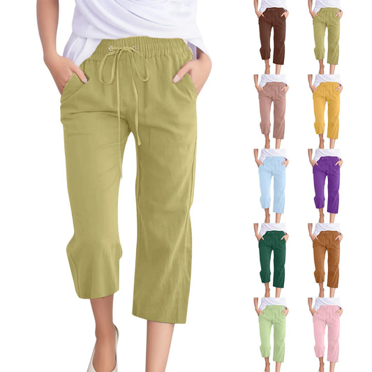 IMIEMIE Cotton Linen Capris Women Jogging Pants Classic Solid Color Bandage Pants Loose Double Pocket Trousers Leisure Streetwear