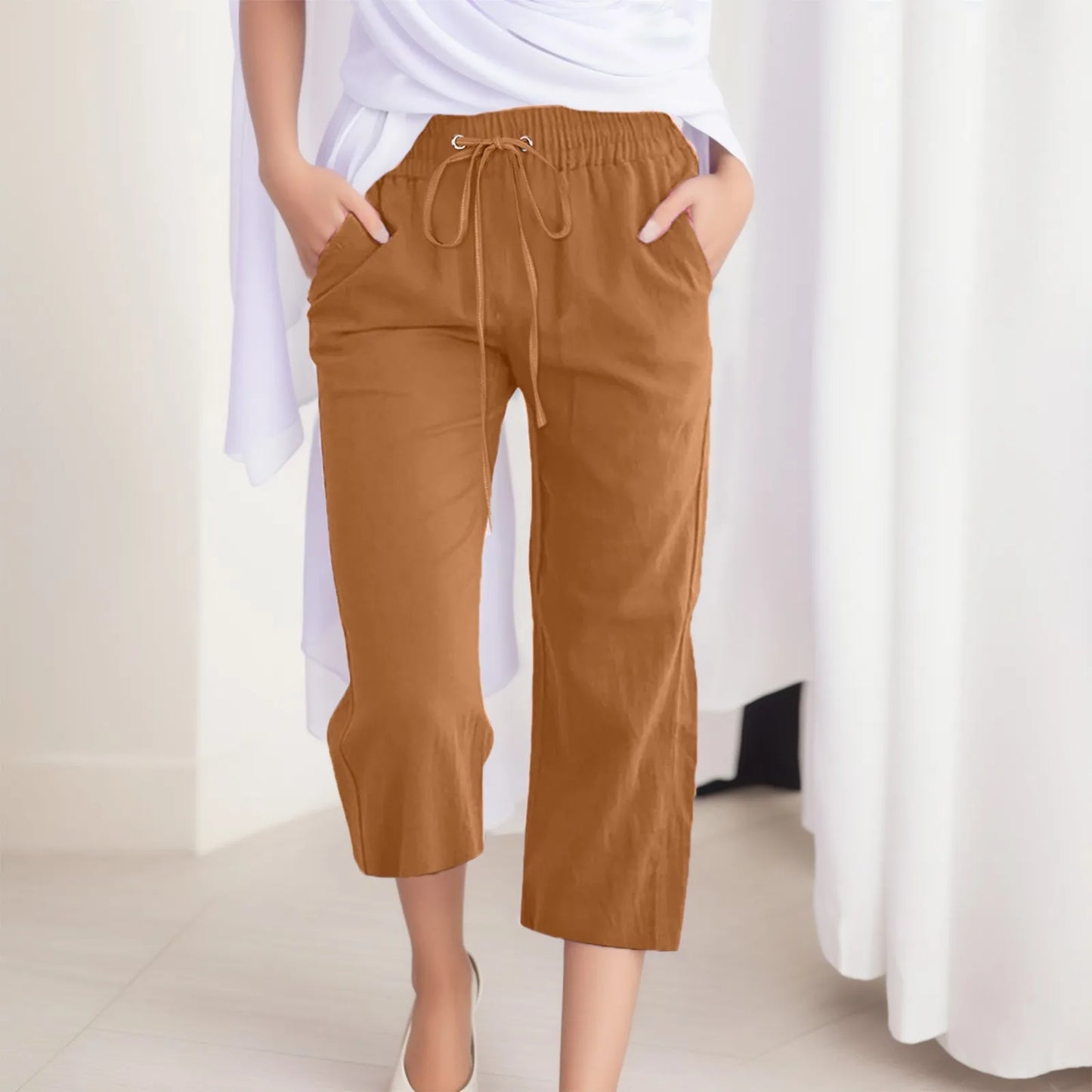 IMIEMIE Cotton Linen Capris Women Jogging Pants Classic Solid Color Bandage Pants Loose Double Pocket Trousers Leisure Streetwear