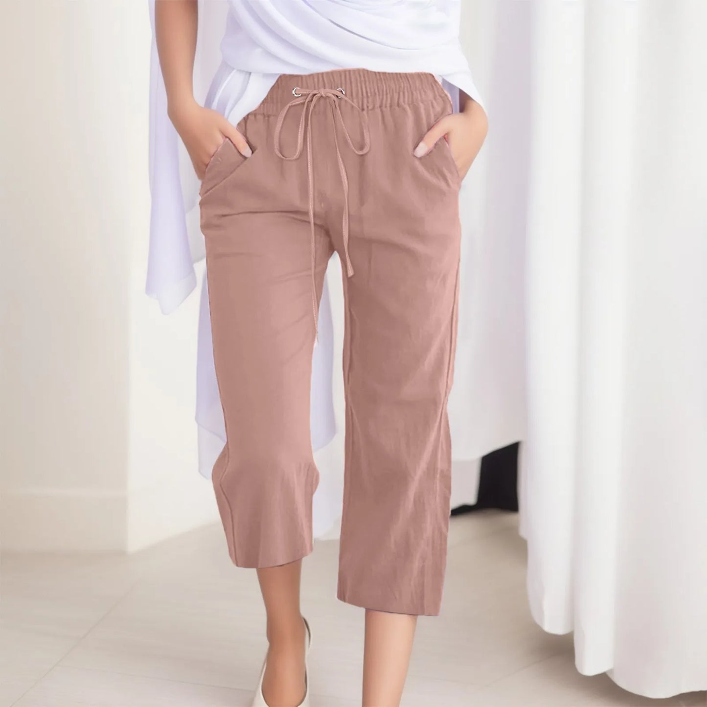 IMIEMIE Cotton Linen Capris Women Jogging Pants Classic Solid Color Bandage Pants Loose Double Pocket Trousers Leisure Streetwear