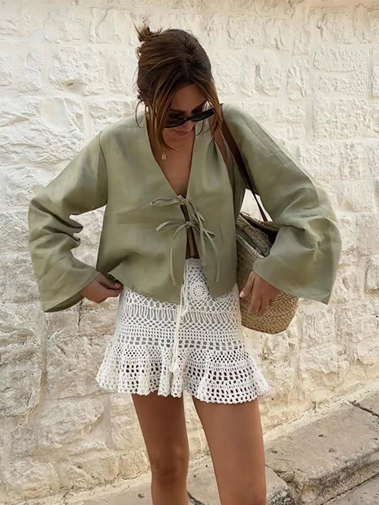 IMIEMIE Cotton Linen Lace Up Bow Shirts Women Loose Hollow Out V Neck Long Sleeve Tops Female 2024 Spring New Lady Streetwear Top