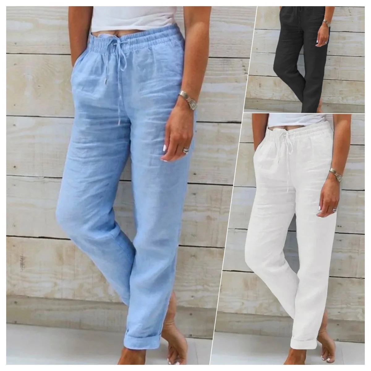 IMIEMIE Cotton Linen Summer Pants for Women High Waist Elastic Casual Trousers Streetwear Solid Female Clothes 2024 Loose Pencil Pants