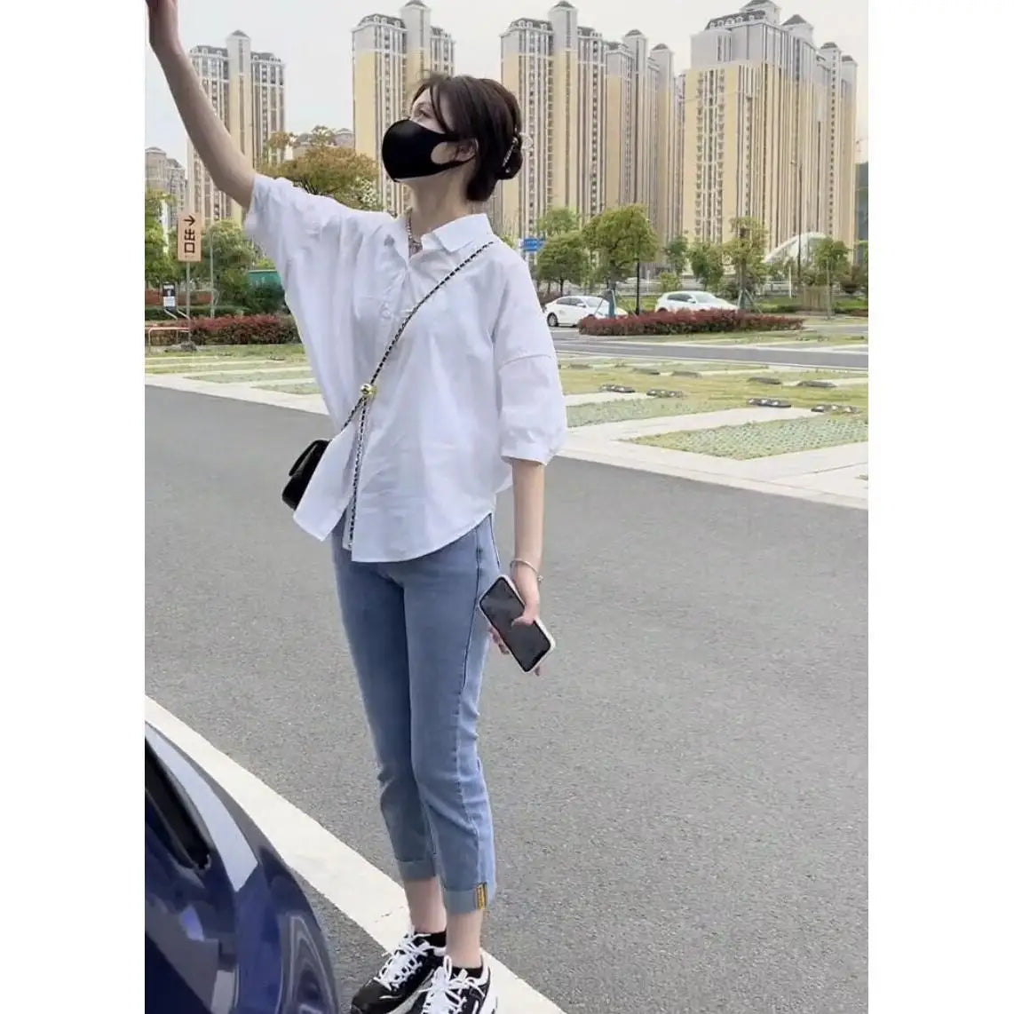 IMIEMIE Cotton Mid-sleeve Thin Woman Blous Shir 2024 Summer New Loose Fashion Irregular Shirt Casual Vacation Top Korean Women's Clothes