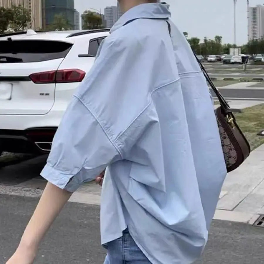 IMIEMIE Cotton Mid-sleeve Thin Woman Blous Shir 2024 Summer New Loose Fashion Irregular Shirt Casual Vacation Top Korean Women's Clothes